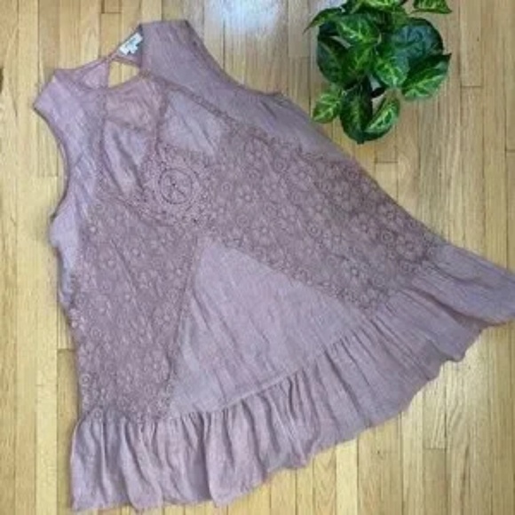Umgee Sleeveless Lace Panel Ruffle Hem Mauve Mini Dress - Tunic Top Size L - Picture 3 of 11